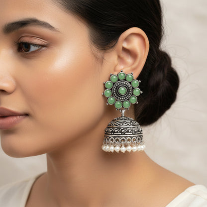 Phoolon ki baali pearl jhumki earrings (Pista)