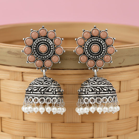 Phoolon ki baali pearl jhumki earrings (Light Orange)