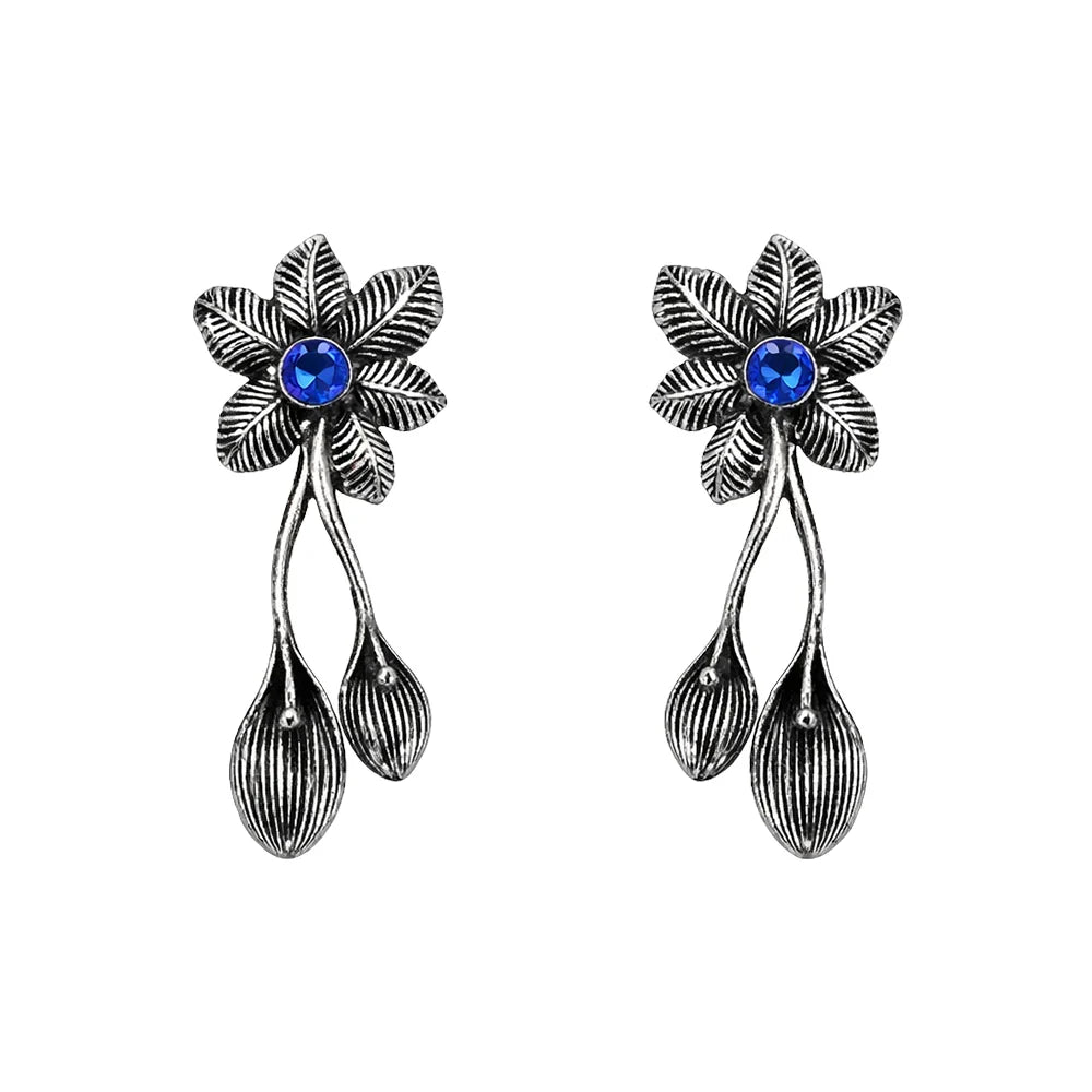 Carved Charm Dangler earrings (White) Bud Flower oxidized stud earrings (Blue) Combo set