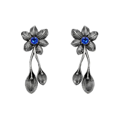 Carved Charm Dangler earrings (White) Bud Flower oxidized stud earrings (Blue) Combo set