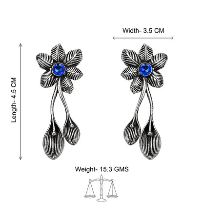 Carved Charm Dangler earrings (White) Bud Flower oxidized stud earrings (Blue) Combo set
