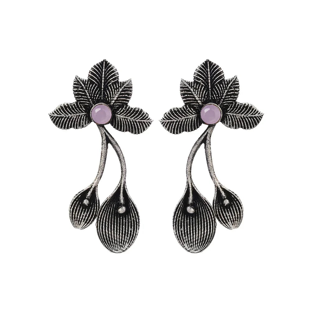 Carved Charm Dangler earrings (White) Bud Flower oxidized stud earrings (Baby Pink) Combo set