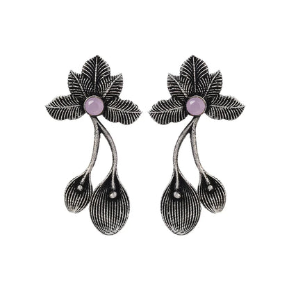 Carved Charm Dangler earrings (White) Bud Flower oxidized stud earrings (Baby Pink) Combo set
