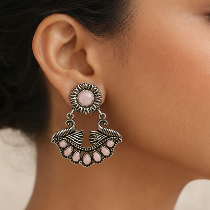 Marigold gem stone studded dangler earrings (Baby Pink)