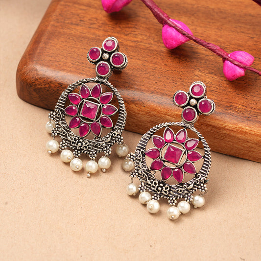 Flower Rangoli Pearl dangler earrings (Red)