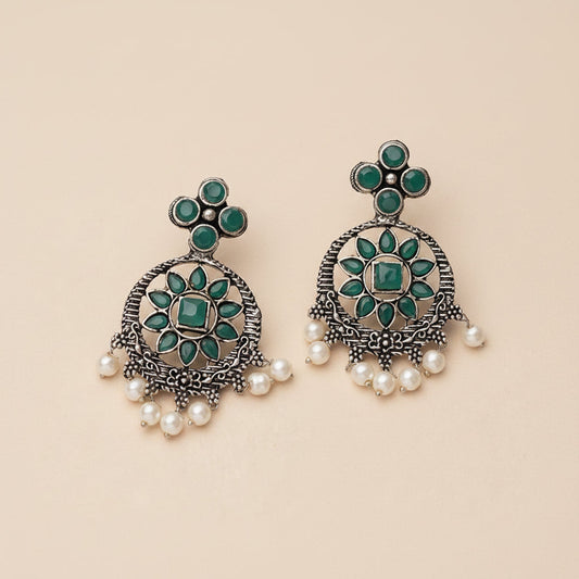 Flower Rangoli Pearl dangler earrings (Green)