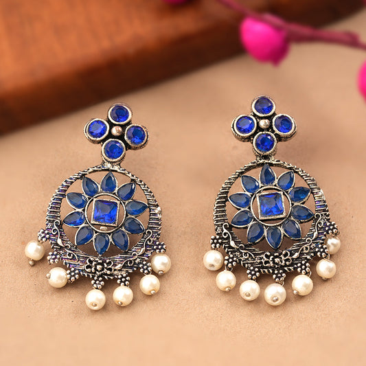 Flower Rangoli Pearl dangler earrings (Blue)