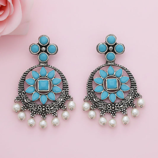 Flower Rangoli Pearl dangler earrings (Sky Blue)