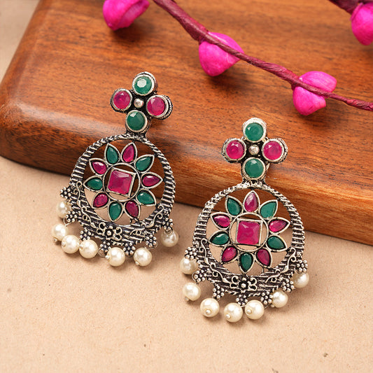 Flower Rangoli Pearl dangler earrings (Multicolored)