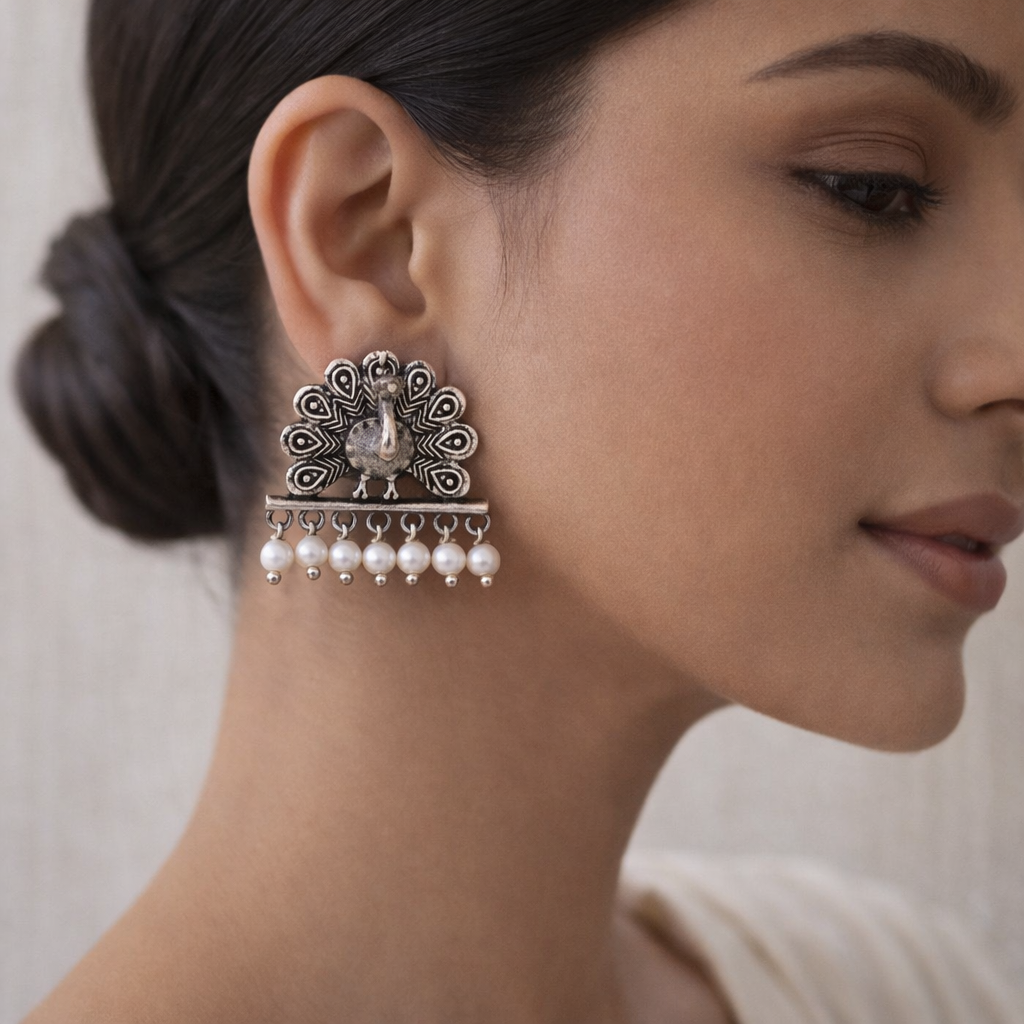 Carved Charm Dangler earrings &  Meena Manjari stone stud earrings (Silver) Combo set