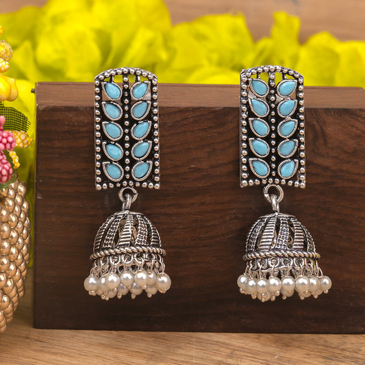 Regal leaffall stone studded jhumki earrings (Sky Blue)