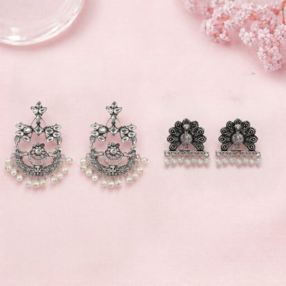 Carved Charm Dangler earrings (White) Meena Manjari stone stud earrings (Silver) Combo set