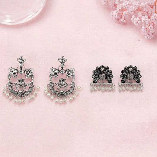 Carved Charm Dangler earrings (White) Meena Manjari stone stud earrings (Silver) Combo set