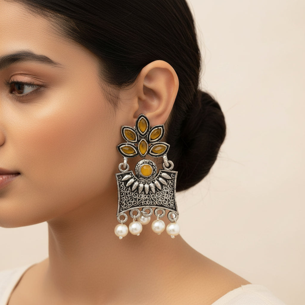 Royal Triple Bell Layered Jhumka Earring (Black) Flora-Aura stone studded dangler earrings (Yellow) Combo set