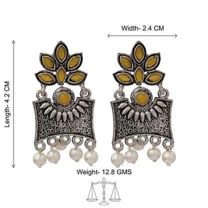 Royal Triple Bell Layered Jhumka Earring (Dark Maroon) Flora-Aura stone studded dangler earrings (Yellow) Combo set