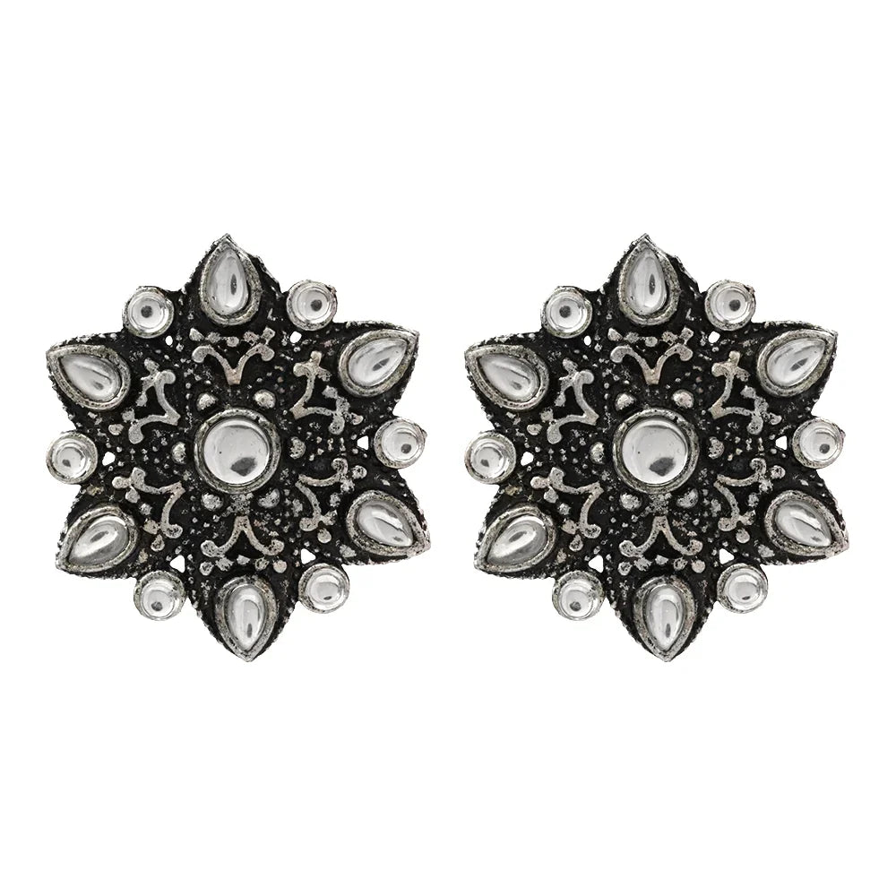 Carved Charm Dangler earrings (White) flower-alpana stud earrings (White) Combo set