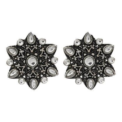 Carved Charm Dangler earrings (White) flower-alpana stud earrings (White) Combo set