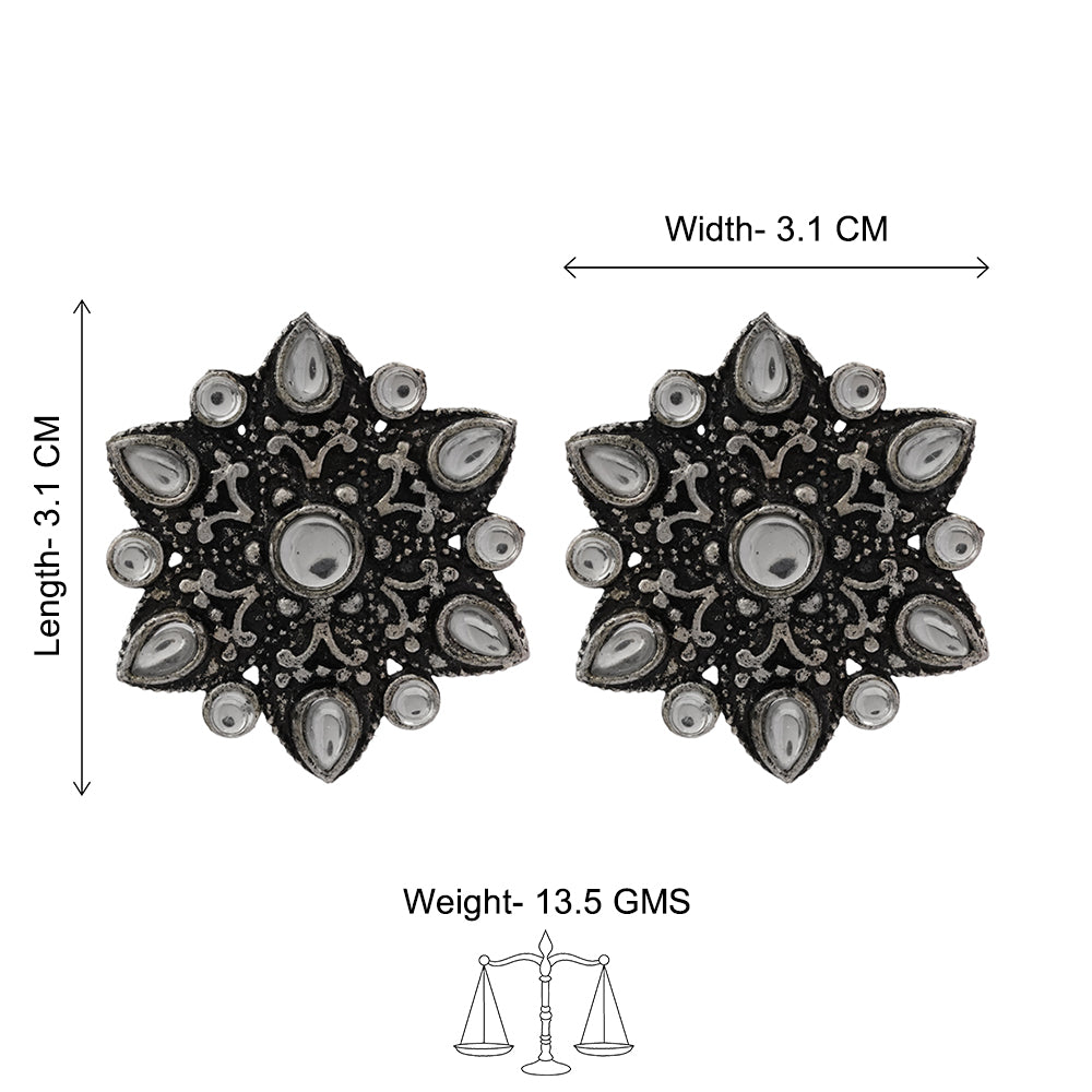 Carved Charm Dangler earrings (White) flower-alpana stud earrings (White) Combo set
