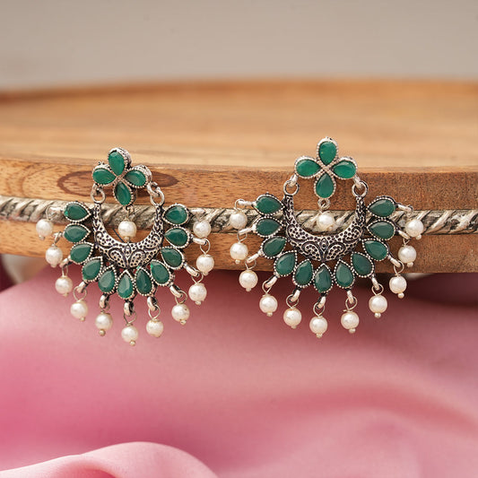 Green Stone Studded Statement German Silver Dangler Earrings