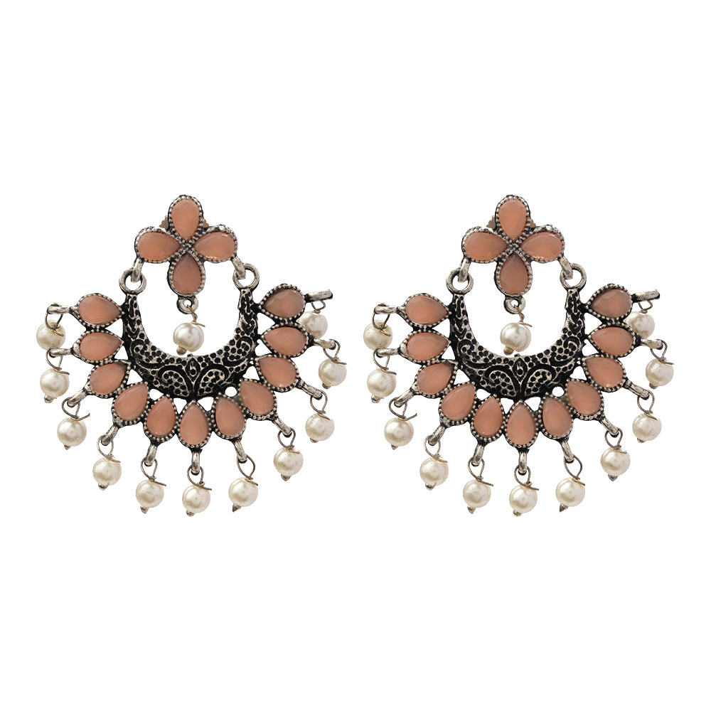 Light Orangish Stone Studded Statement German Silver Dangler Earrings