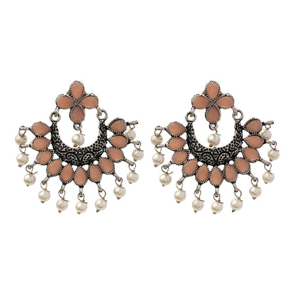 Light Orangish Stone Studded Statement German Silver Dangler Earrings