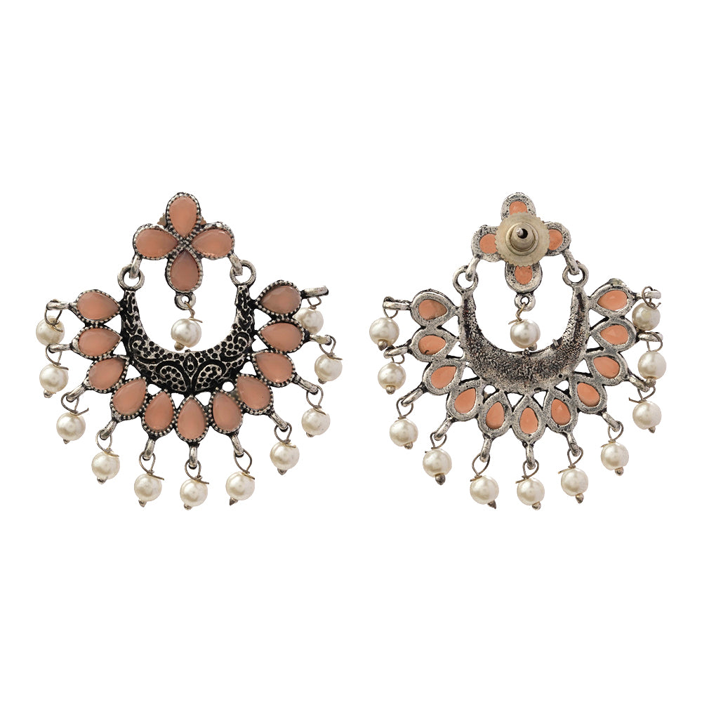 Light Orangish Stone Studded Statement German Silver Dangler Earrings