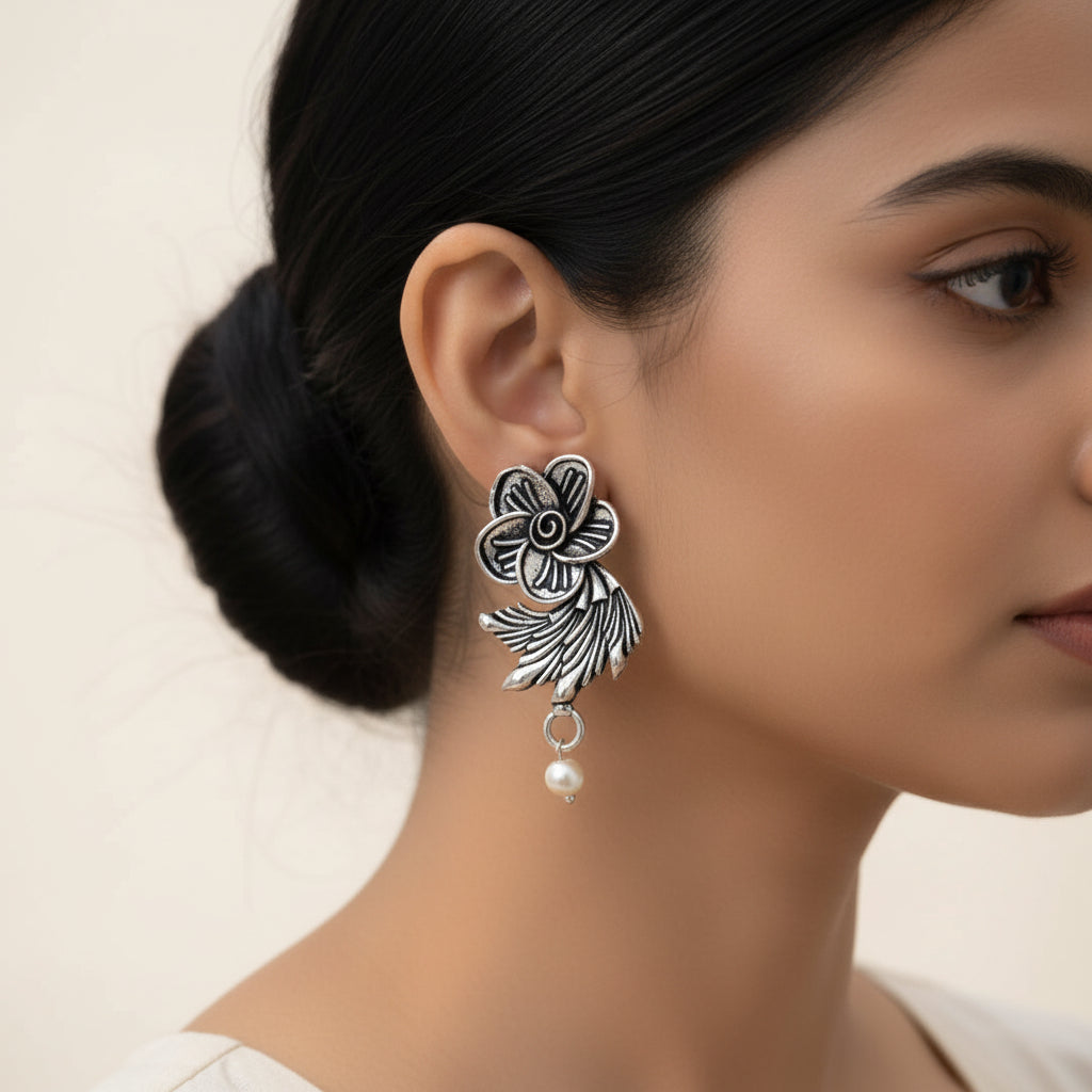 Royal Triple Bell Layered Jhumka Earring (Black) Floral Swirl stud earrings (Silver) Combo set