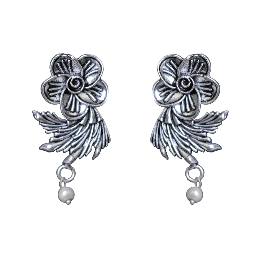 Royal Triple Bell Layered Jhumka Earring (Dark Maroon) Floral Swirl stud earrings (Silver) Combo set