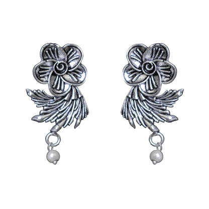 Royal Triple Bell Layered Jhumka Earring (Dark Maroon) Floral Swirl stud earrings (Silver) Combo set