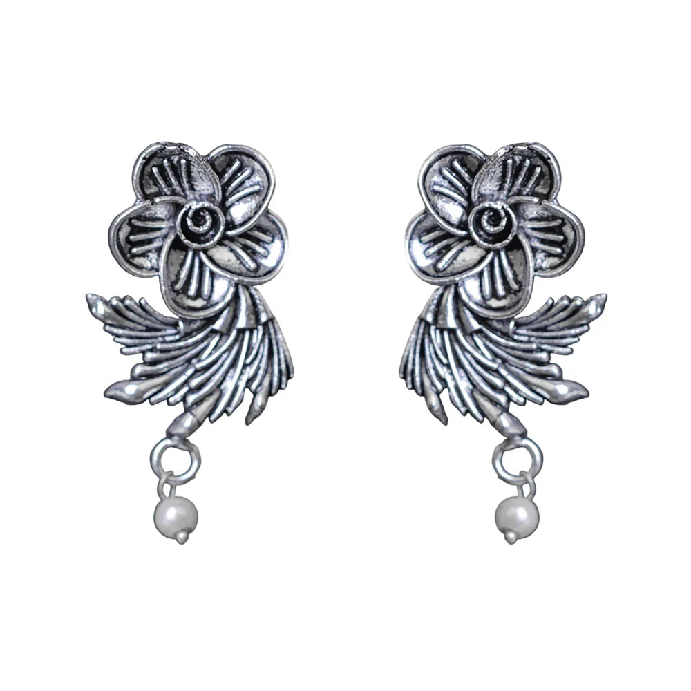 Royal Triple Bell Layered Jhumka Earring (Black) Floral Swirl stud earrings (Silver) Combo set