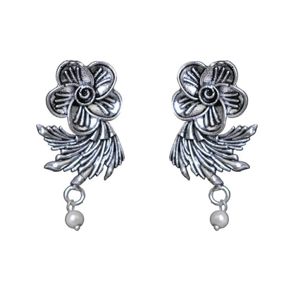 Royal Triple Bell Layered Jhumka Earring (Black) Floral Swirl stud earrings (Silver) Combo set