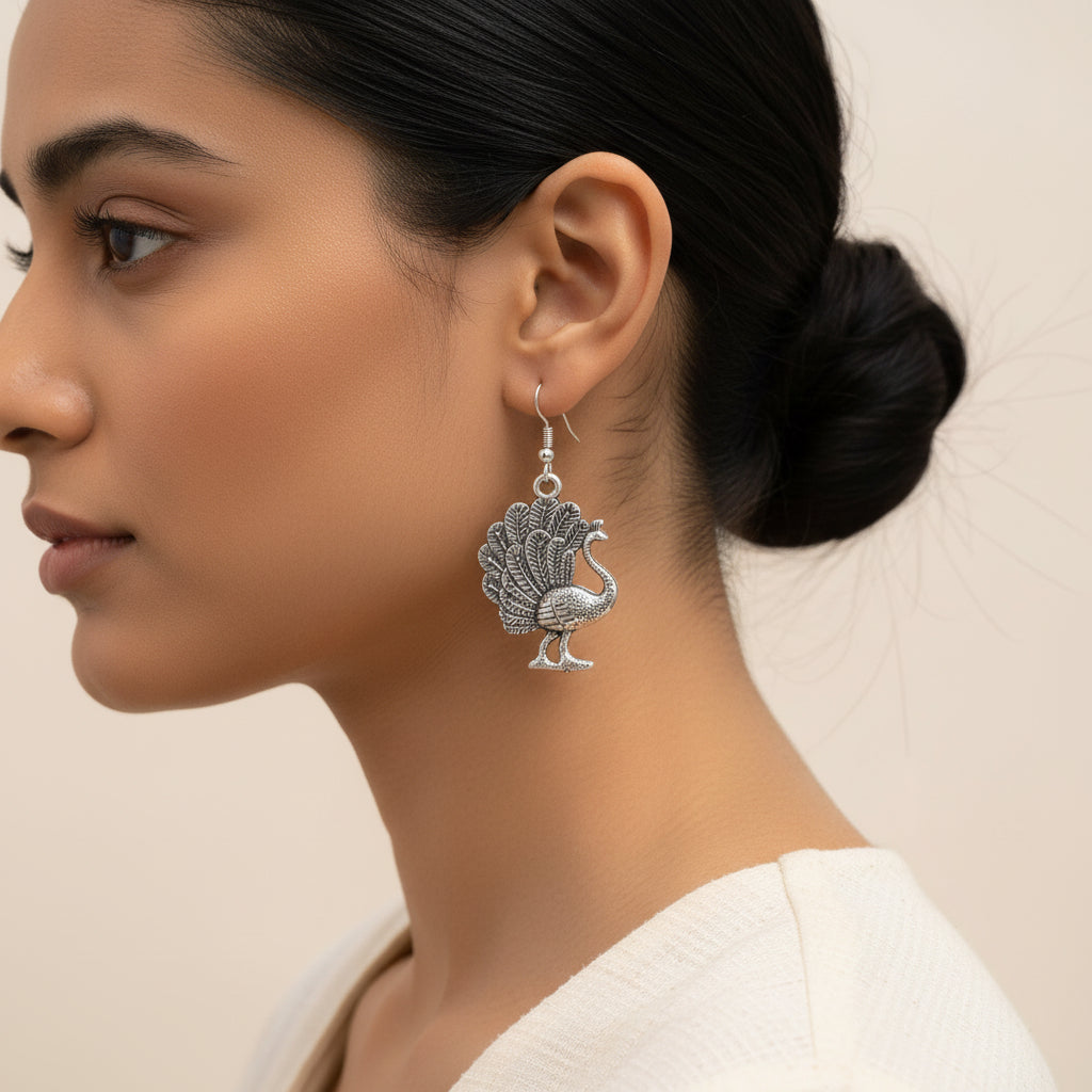 Carved Charm Dangler earrings (White) Morni jhumki dangler earrings (Silver) Combo set