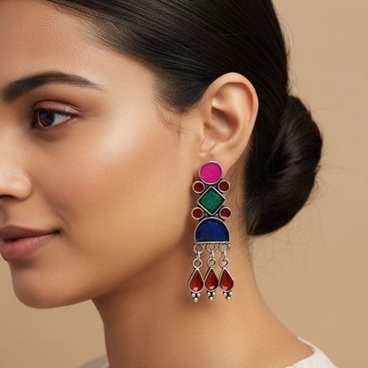 Peacock glow stone studded dangler earrings (White) Rainbow rhine dangler earrings (Multicolored) Combo set