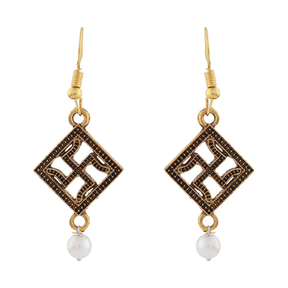 Carved Charm Dangler earrings (White) Floral Swirl stud earrings (Silver) Combo set