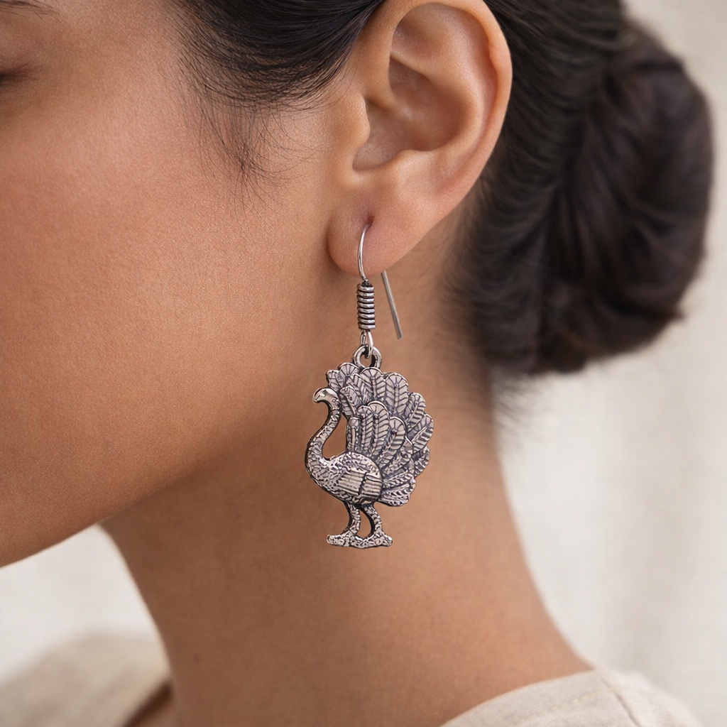 Royal Triple Bell Layered Jhumka Earring (Black) Peacock royale dangler earrings (Silver) Combo set