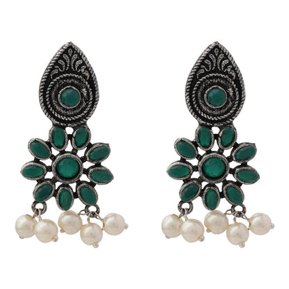 Drew flower pearl stud earrings (Green)