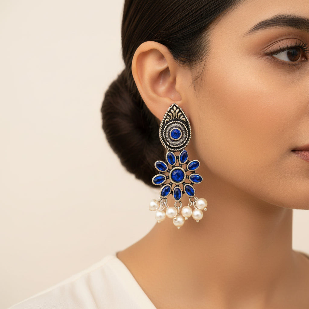 Royal Triple Bell Layered Jhumka Earring (Black) Drew flower pearl stud earrings (Blue) Combo set