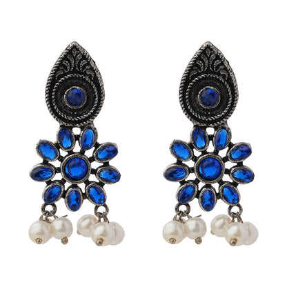 Leaf Cascade jhumki earrings (Red) Drew flower pearl stud earrings (Blue) Combo set