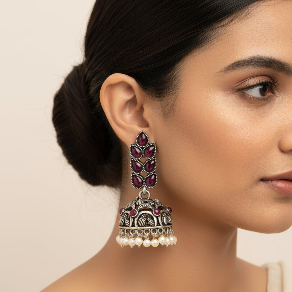 Leaf Cascade jhumki earrings (Red) Cycle Charm Dangler earrings (Silver) Combo set