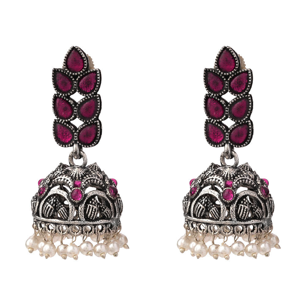 Leaf Cascade jhumki earrings (Red) Royal Triple Bell Layered Jhumka Earring (Black) Combo set