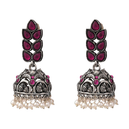 Leaf Cascade jhumki earrings (Red) Rooster radiance dangler earrings (Silver) Combo set