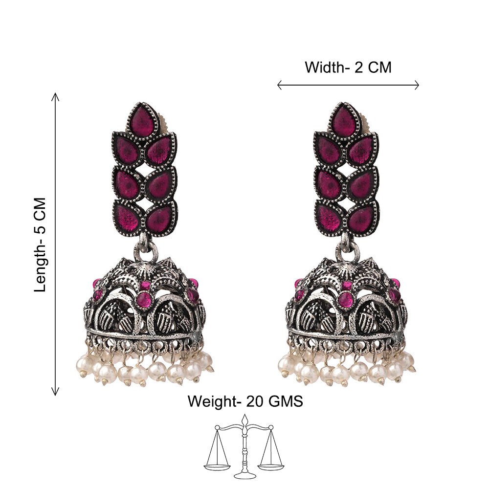 Leaf Cascade jhumki earrings (Red) Swirly snake oxidised stud earrings (Silver) Combo set