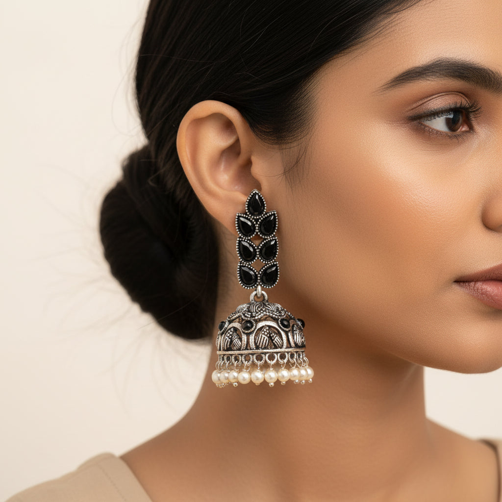 Carved Charm Dangler earrings (White) Leaf Cascade jhumki earrings (Black) Combo set