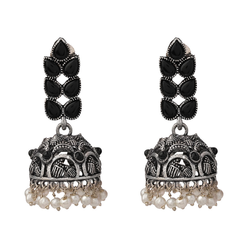 Carved Charm Dangler earrings (White) Leaf Cascade jhumki earrings (Black) Combo set