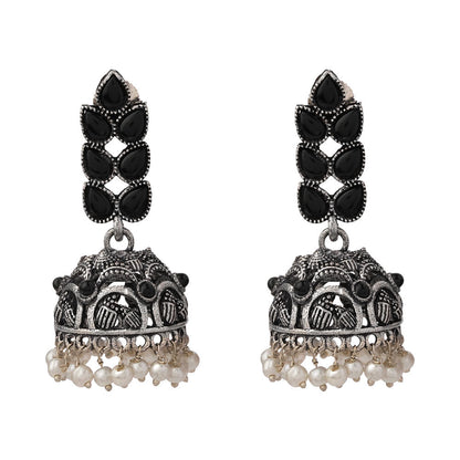 Carved Charm Dangler earrings (White) Leaf Cascade jhumki earrings (Black) Combo set