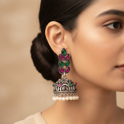 Carved Charm Dangler earrings (White) Leaf Cascade jhumki earrings (Multicolored) Combo set