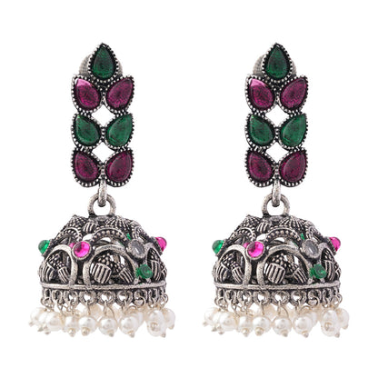 Carved Charm Dangler earrings (White) Leaf Cascade jhumki earrings (Multicolored) Combo set