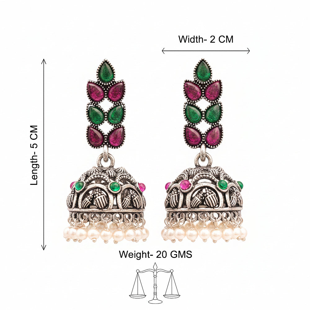 Peacock glow stone studded dangler earrings (White) Leaf Cascade jhumki earrings (Multicolored) Combo set