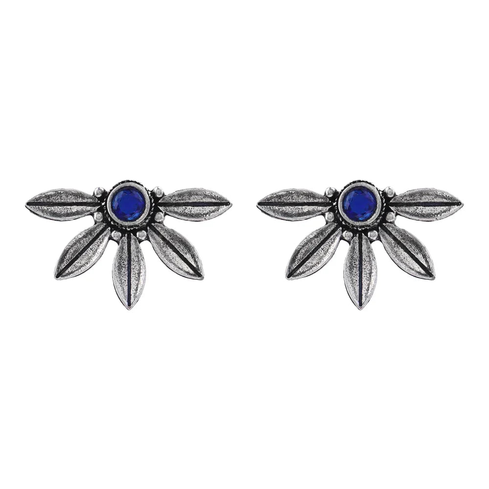 Carved Charm Dangler earrings (White) Crescent Bloom Oxidised Studs - Blue Combo set