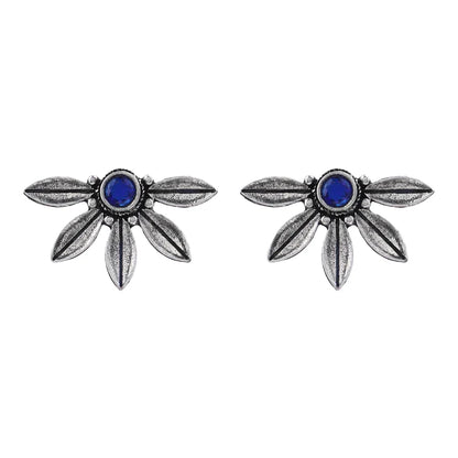 Carved Charm Dangler earrings (White) Crescent Bloom Oxidised Studs - Blue Combo set